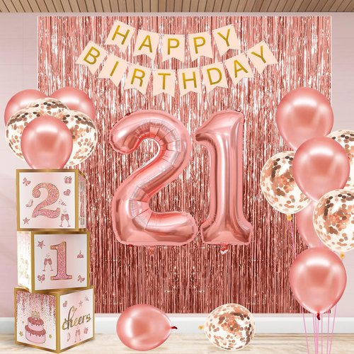 21st Birthday Decorations for Her,Happy 21st Birthday Decorations for Women Rose Gold 21 Boxes Decor for Girls Pink Rose Gold Foil Number Balloons Party Supplies Tassel Curtain