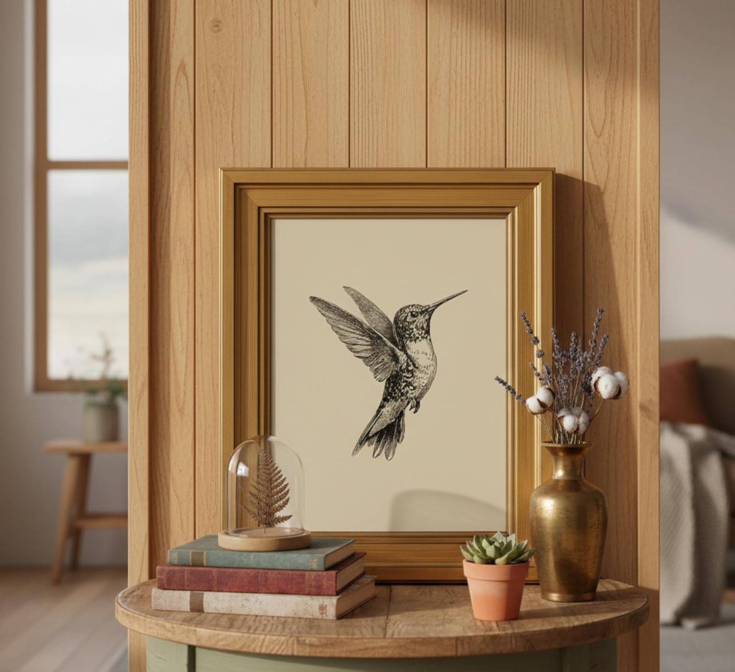MDHFJEAW Vintage Gold Framed Hummingbird Wall Art - Retro Black & White Canvas Print, 9x11 In