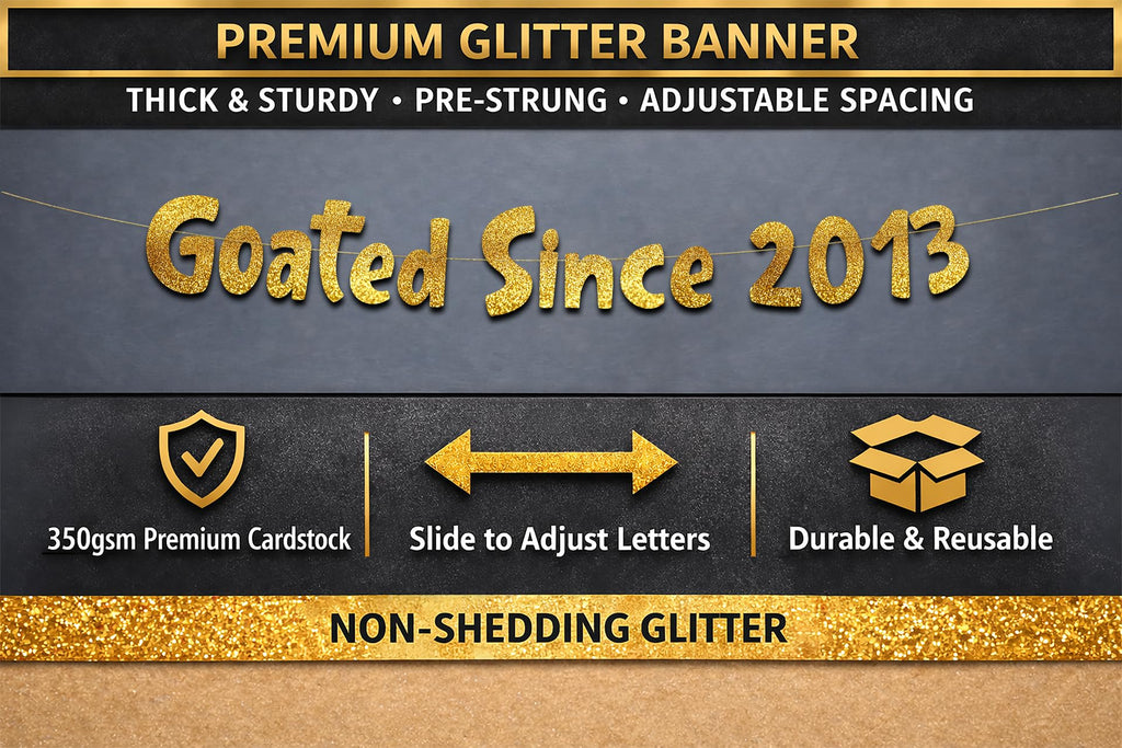Pre-Strung Goated Since 2013 Gold Glitter Banner - 13th Birthday and Anniversary Decorations for Teen Boys and Girls - Party Supplies and Gifts