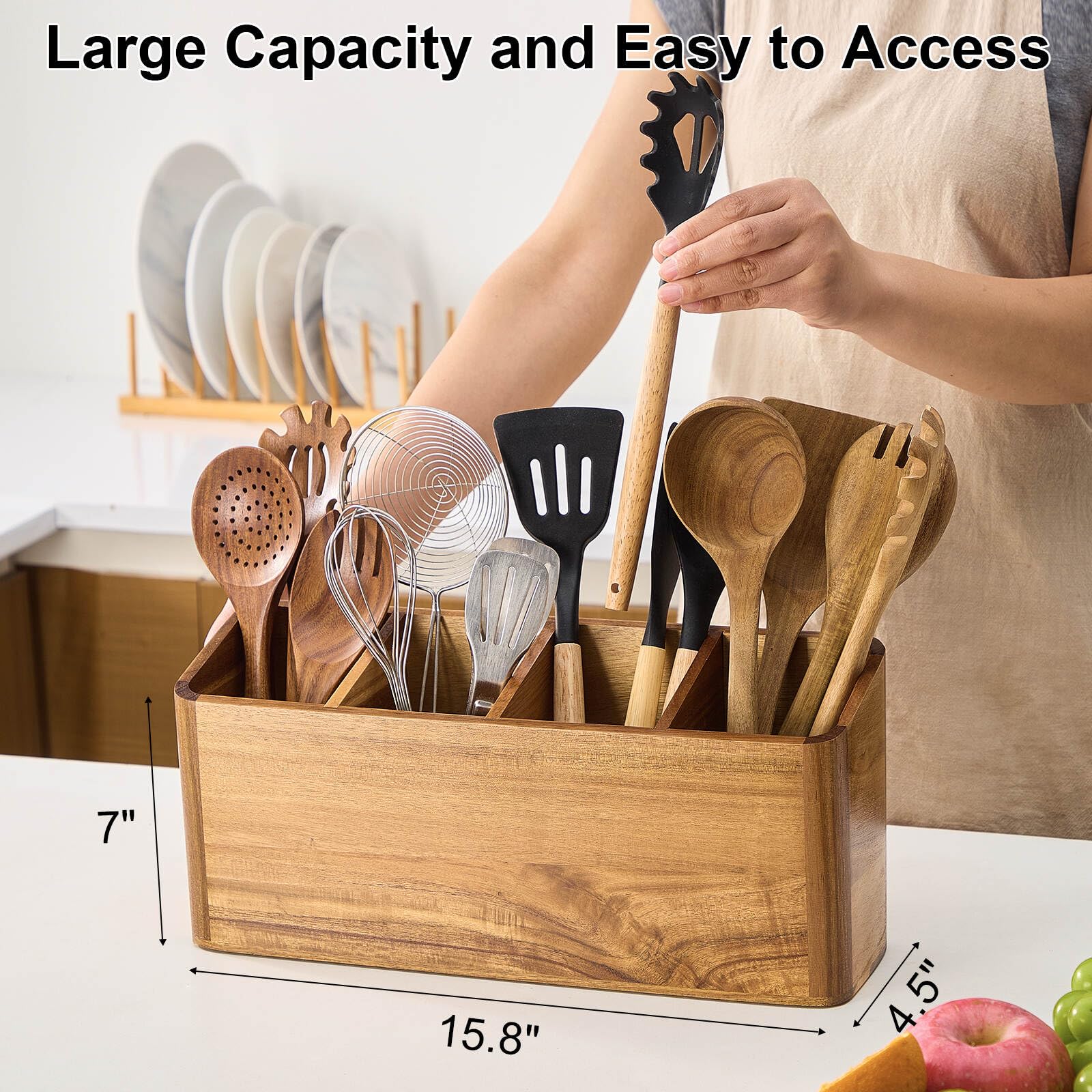 Wooden Utensil Holder for Kitchen Counter, Acacia Wood Kitchen Utensil Holder for Countertop with 4 Compartment, Cooking Utensil Organizer, Silverware Caddy (Acacia Wood, 4Compartment)