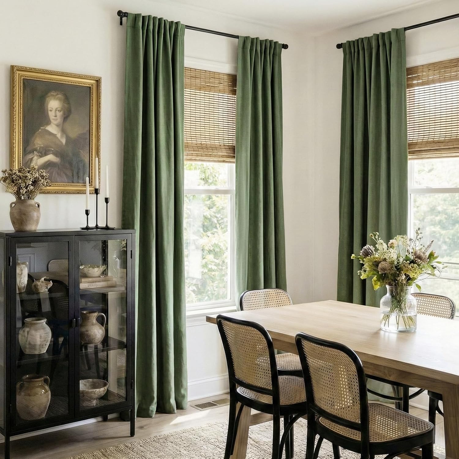 Skiennix 100% Blackout Linen Curtains - Thermal Insulated Drapes, Olive Green, 50" W x 102" L, 2 Panels Set