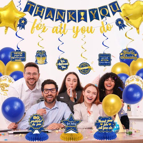 Vlipoeasn We Appreciate You Banner Decorations, Blue Gold Thank You for All You Do Backdrop Banner Honeycomb Centerpieces, Retirement Office Decor Staff Teachers Professors Doctor Nurses Appreciation