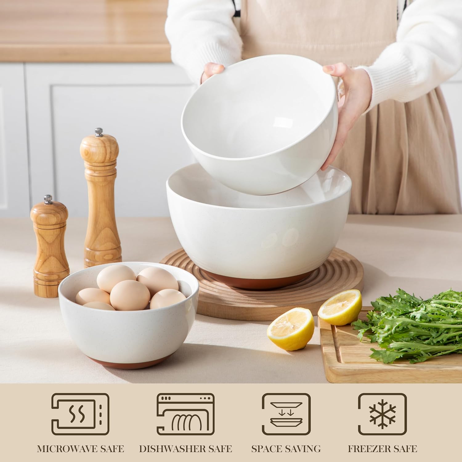 MALACASA Ceramic Mixing Bowls Set of 3 | Large Nesting Bowls for Cooking & Baking | Oven & Dishwasher Safe - 46/80/140 Oz