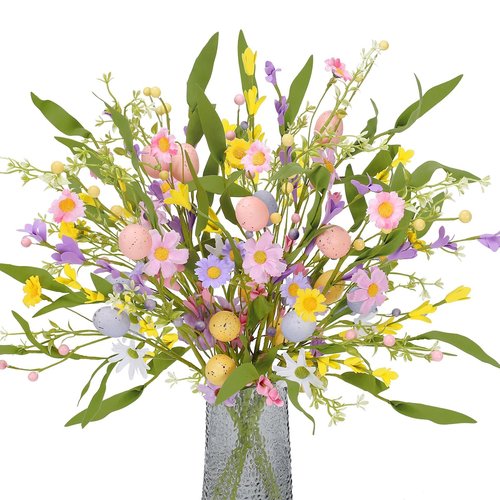 HUAESIN 6 PCS 20 Inch Pastel Easter Eggs Stems Easter Floral Picks Berries Artificial Spring Floral Bouquet for Easter Decoration Home Decor Table Centerpiece