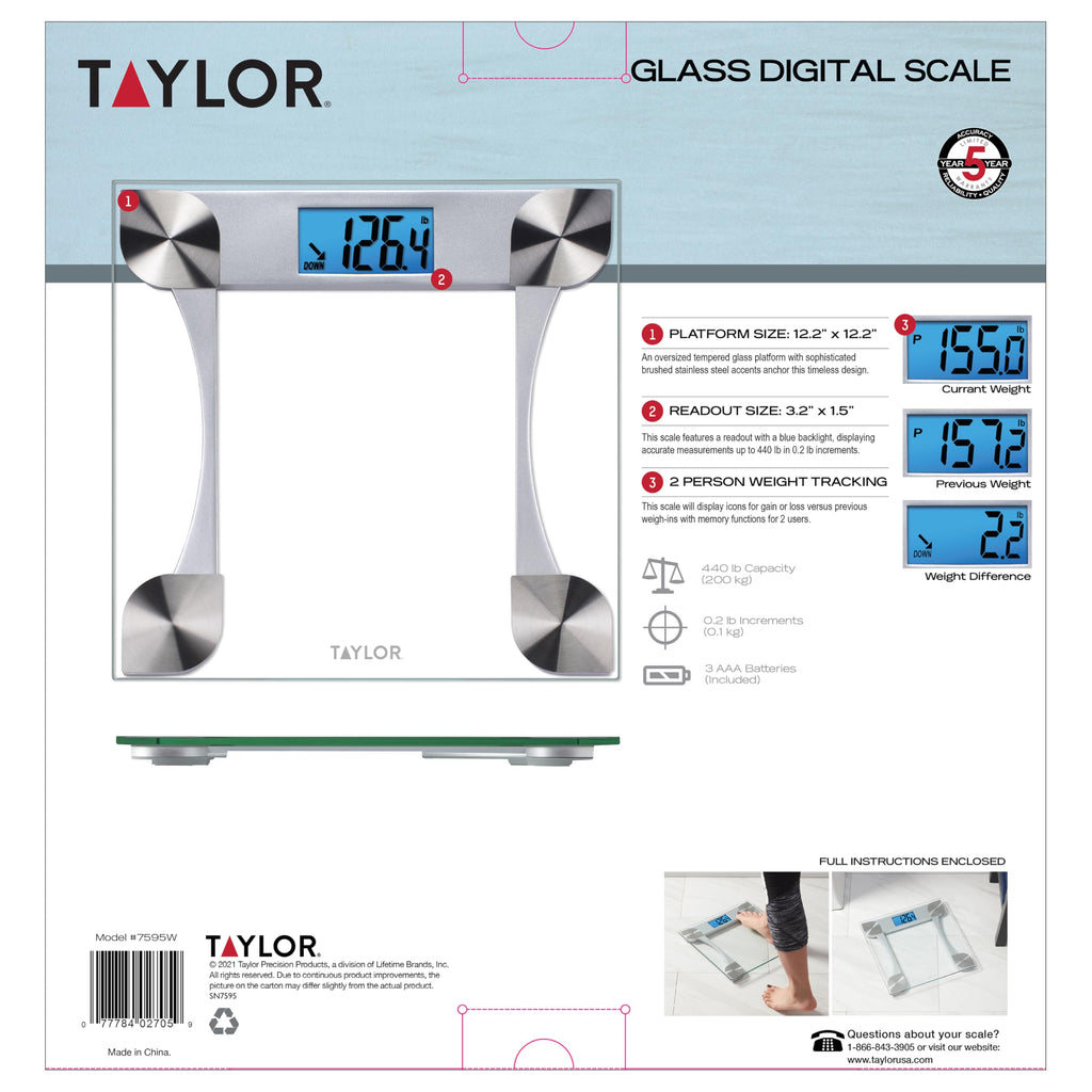 Taylor Digital Bathroom Scale for Body Weight, Large 12.2 Inch Glass Platform, Blue Backlit LCD Display, 440 lb Capacity, Weight Tracking for 2 Users, Clear