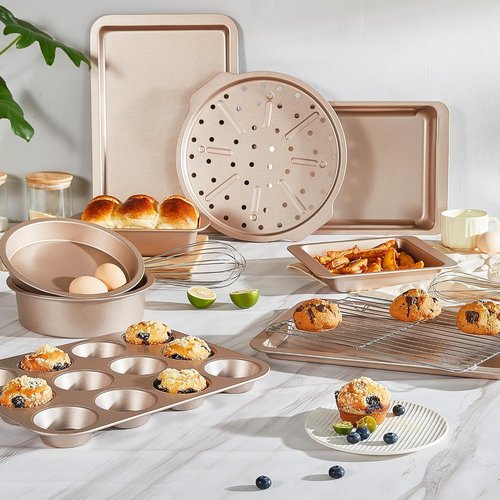 HONGBAKE 10-Piece Nonstick Bakeware Set - Versatile Kitchen Pans with Wider Grips | Champagne Gold