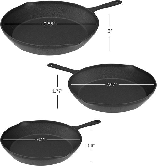 Home-Complete Cast Iron Skillets Set - Pre-Seasoned Nonstick Frying Pans | 10-Inch, 8-Inch, 6-Inch Sizes