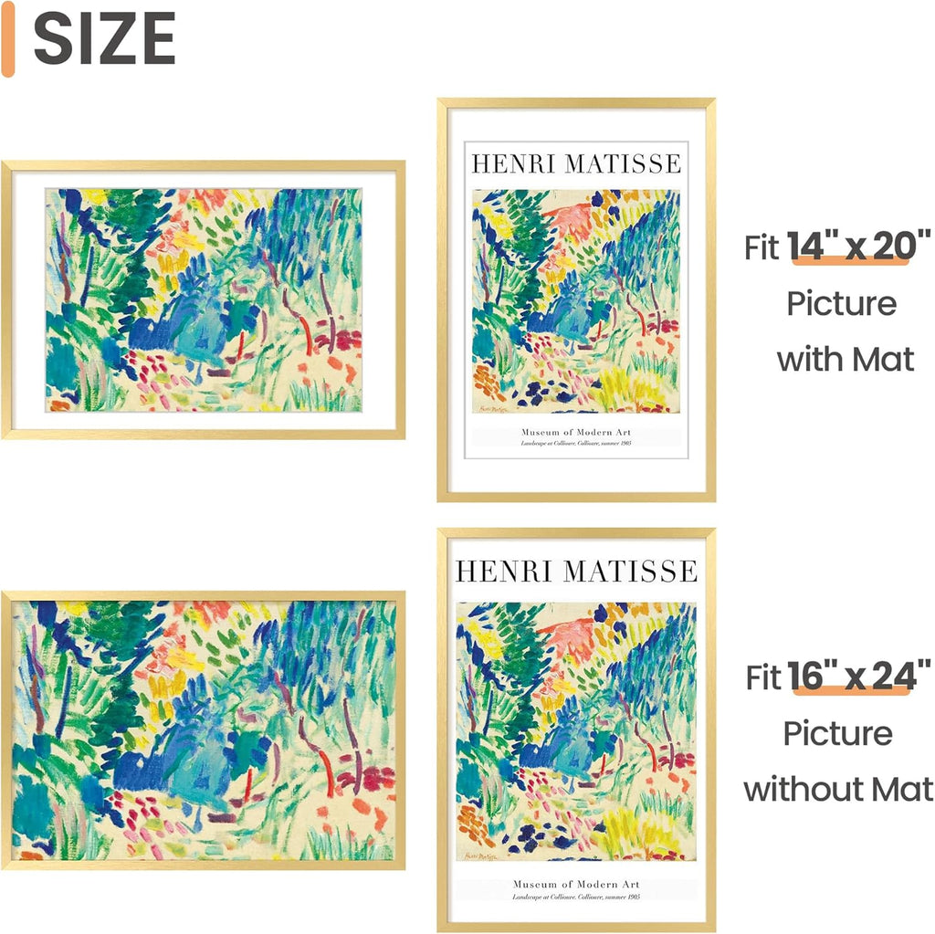 Upsimples 16x24 Picture Frame - Elegant Gold Wall Hanging Frame for 14x20 Photos or 16x24 Without Mat