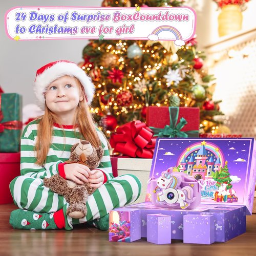 Advent Calendar for Girls 2025, Christmas Advent Calendar, 24 Days Unicorn Countdown Calendar Unique, Christmas Gifts for Girls with Kids Camera, Necklace, Bracelets, Jump Rope, Hair Clips, Glasses, Rings, Bag