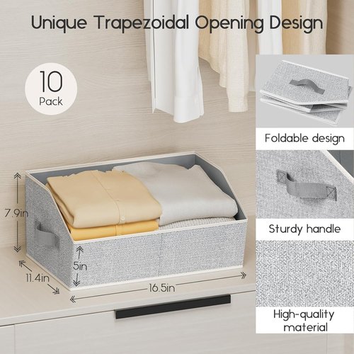 Homsorout Large Closet Organizers - 10 Pack Foldable Trapezoid Storage Baskets with Handles | Beige