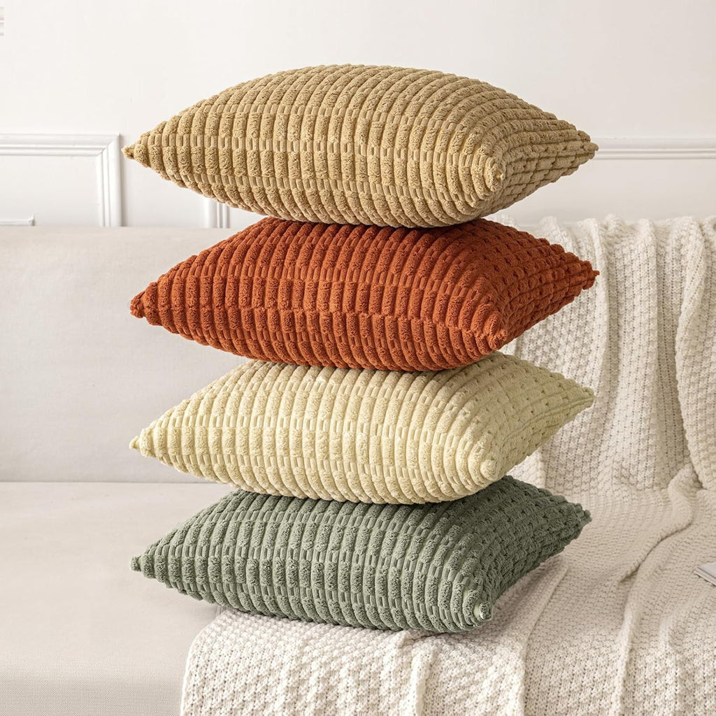 MIULEE Corduroy Throw Pillow Covers - Soft Boho Striped Design | 16x16 Inch Light Olive Green, Set of 2