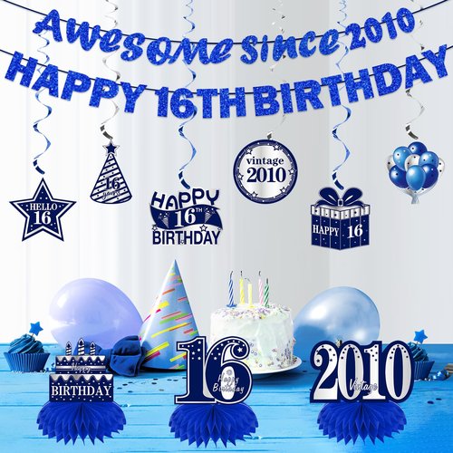 Kuxriox 11Pcs 16th Birthday Decorations Kit for Boys Men, Blue Sliver Happy 16th Birthday Banner, Awesome Since 2010 Centerpieces Swirls Party Supplies, Sixteen Bday Banner Ceiling Table Topper Sign