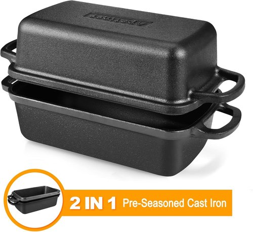 Cast Iron Bread Pan with Lid by [Brand Name] - 2-in-1 Loaf Bakeware for Sourdough & Sandwich Bread - 9x5 Inch Heavy Duty Design