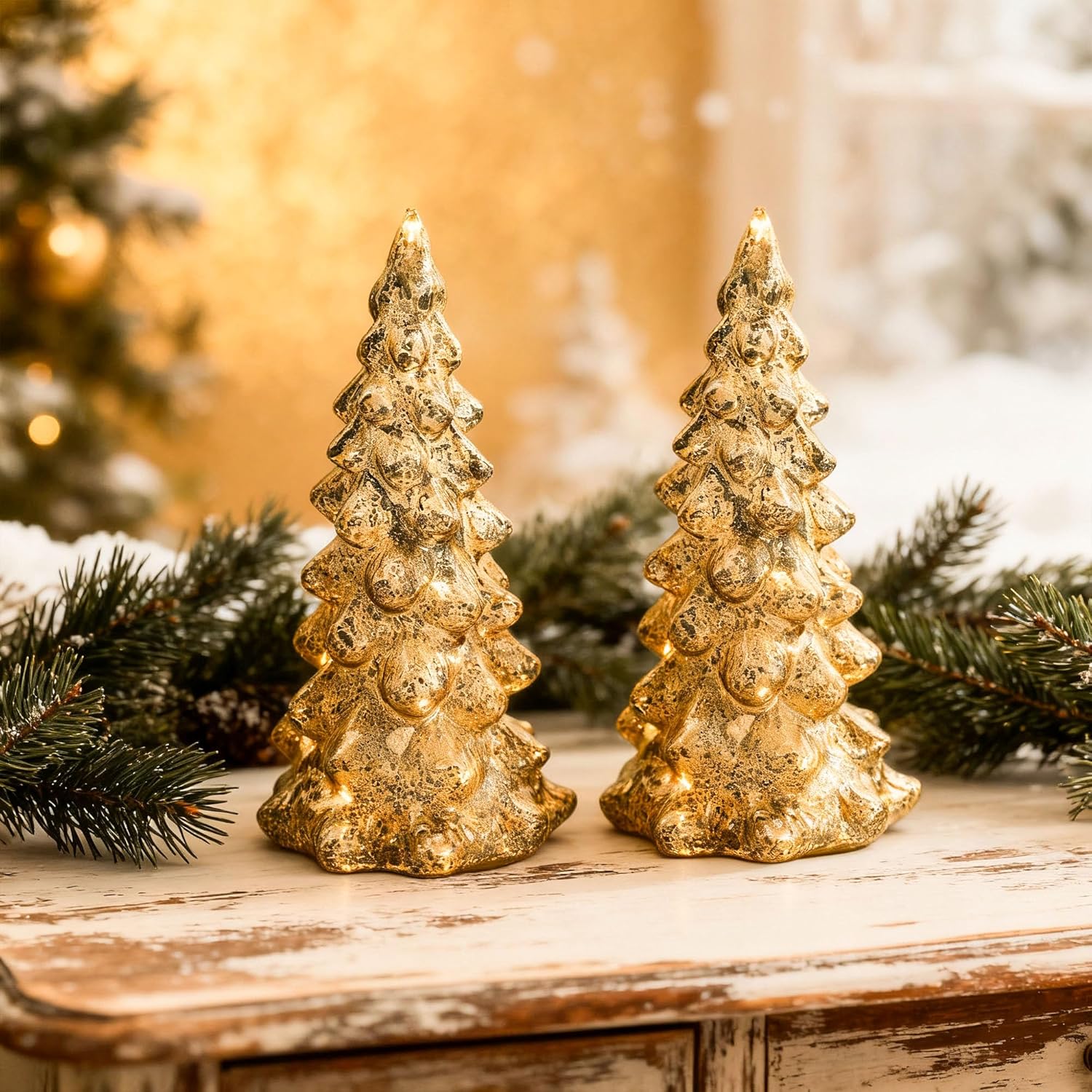 Regine Switzerland Mercury Glass Christmas Tree Set - Gold Collectible Figurines with LED | Indoor Table Centerpiece