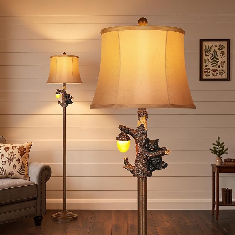 63-Inch Rustic Floor Lamp with Bear Nightlight for Bedroom & Living Room