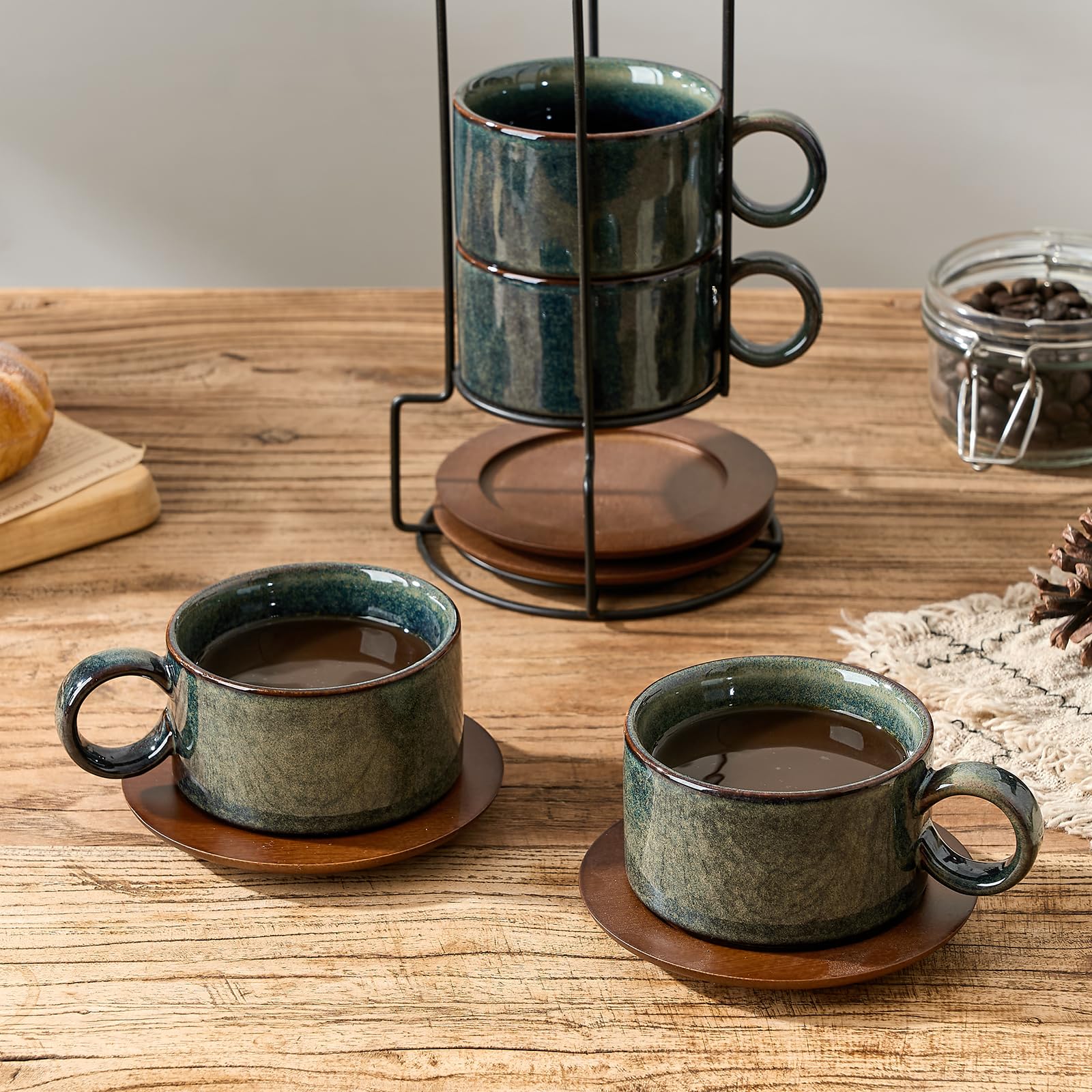 LUKA 6 Ounce Porcelain Stackable Espresso Cups with Saucers and Metal Stand Set of 4, Ceramic Cappuccino Cups Set for Specialty Coffee Drinks, Latte, Cafe Mocha and Tea, Kiln Tide Glaze