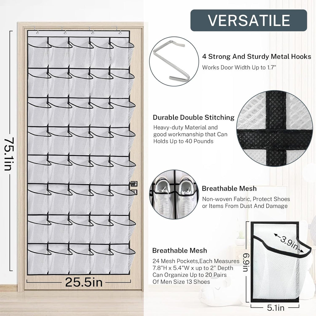 Skiennix Over The Door Shoe Organizer - 40-Pocket Hanging Rack for Closet Storage | Black Mesh Design
