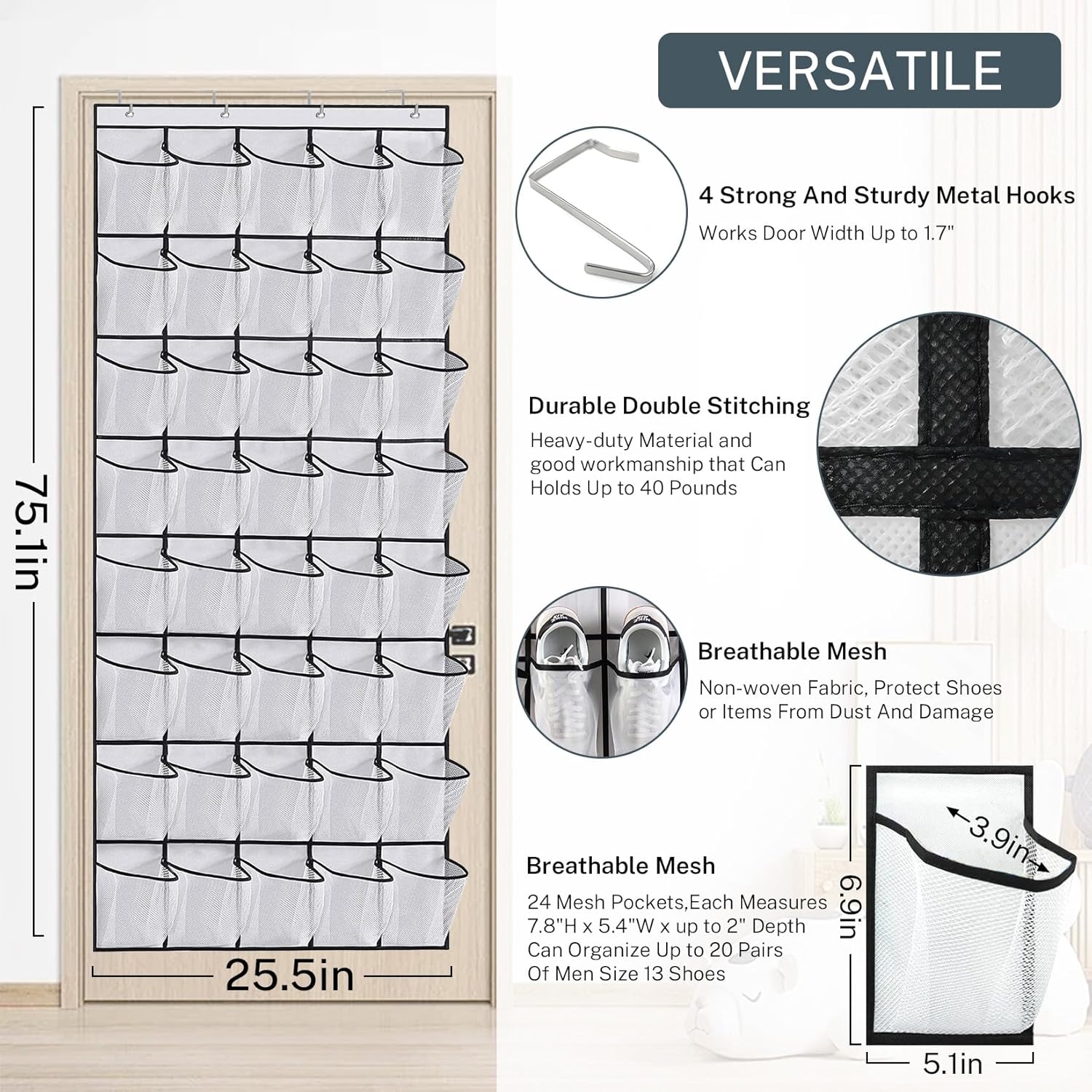 Skiennix Over The Door Shoe Organizer - 40-Pocket Hanging Rack for Closet Storage | Black Mesh Design