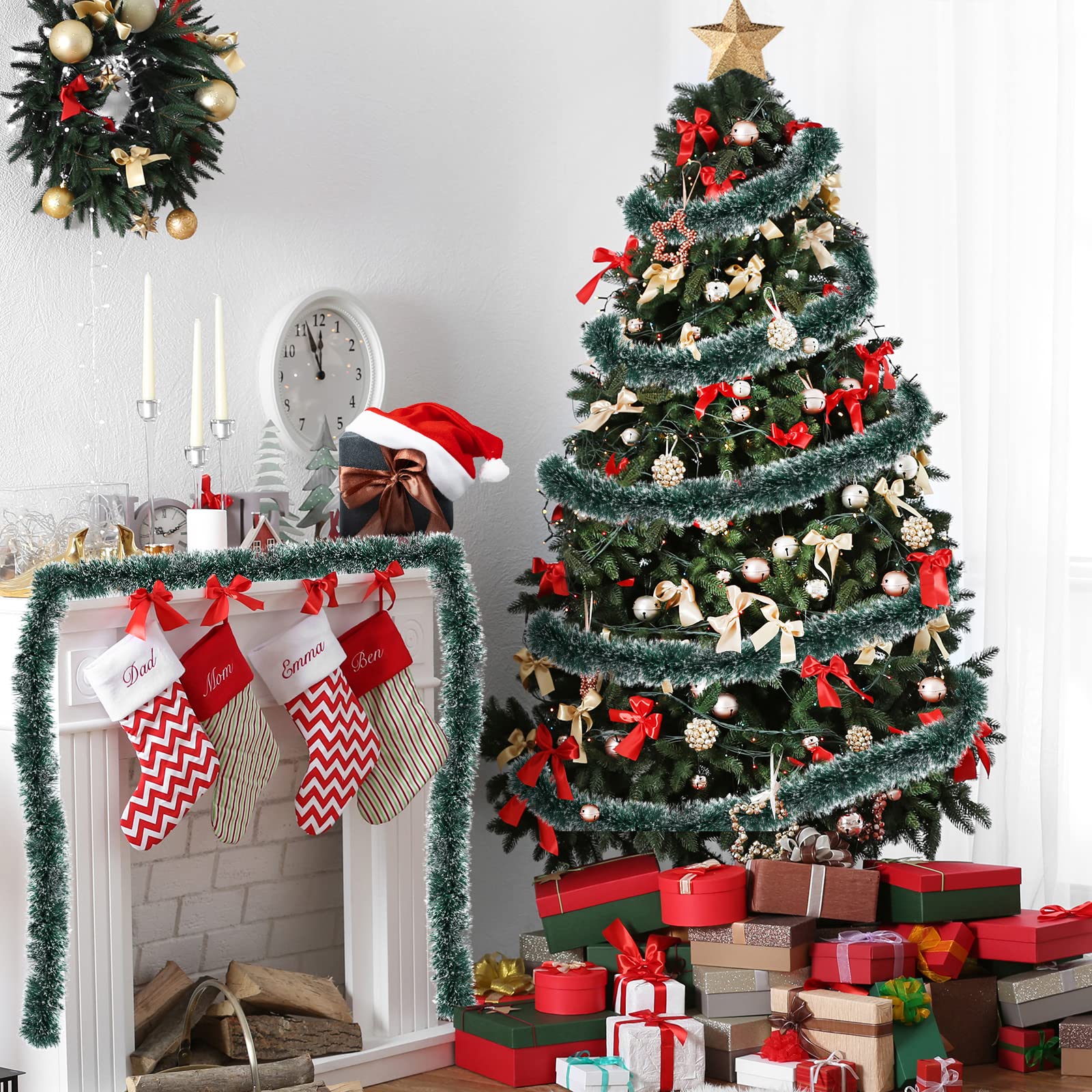 50 Ft Green Christmas Tinsel Garland Metallic Twist Shiny Hanging Garland Decorations for Christmas Tree, Xmas Decor for Holiday Home Party Supplies Indoor Outdoor Decoration