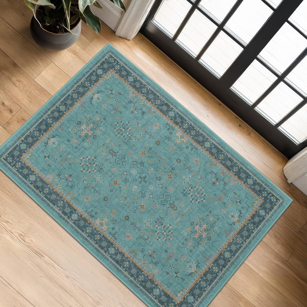 Skiennix 2x3 Washable Teal Rug - Waterproof Non-Slip Low Pile for Entryway & Kitchen | Stain & Fade Resistant Modern Décor