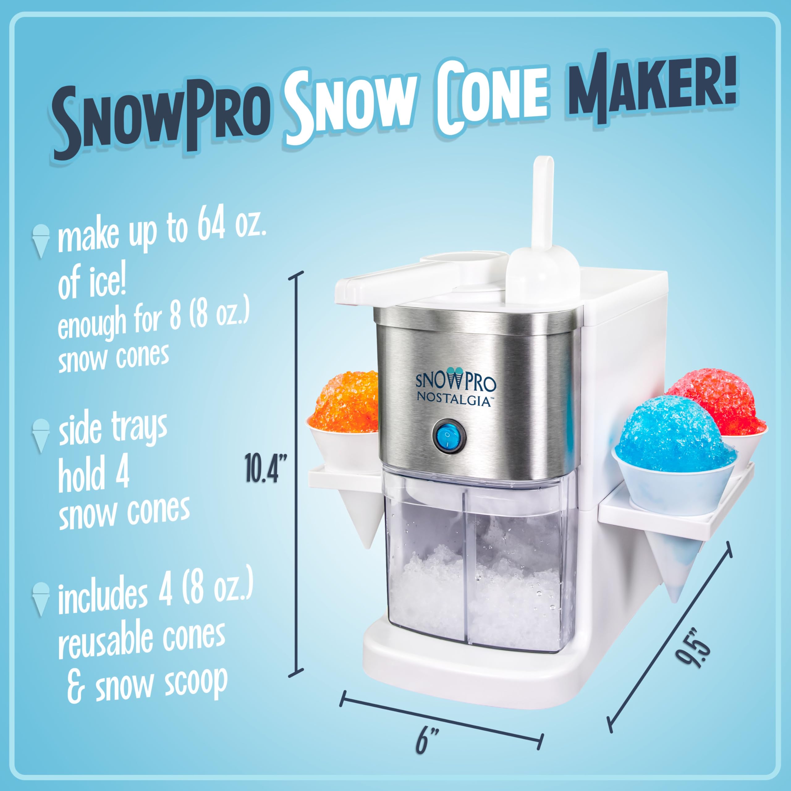 Nostalgia Snow Pro Electric Snow Cone Machine with 64 oz Capacity - Slushie Machine with 4 Reusable Cones, Side Shelves & Ice Scoop - Snow Cone Machine for Family Treats & Refreshing Desserts - White