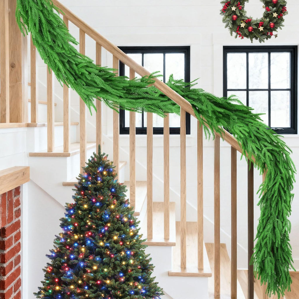 24 FT (4 * 6FT) Christmas Norfolk Pine Garland, Real Touch Dense Faux Greenery Garland for Mantle, Table, Wall, Indoor & Outdoor Christmas Decorations