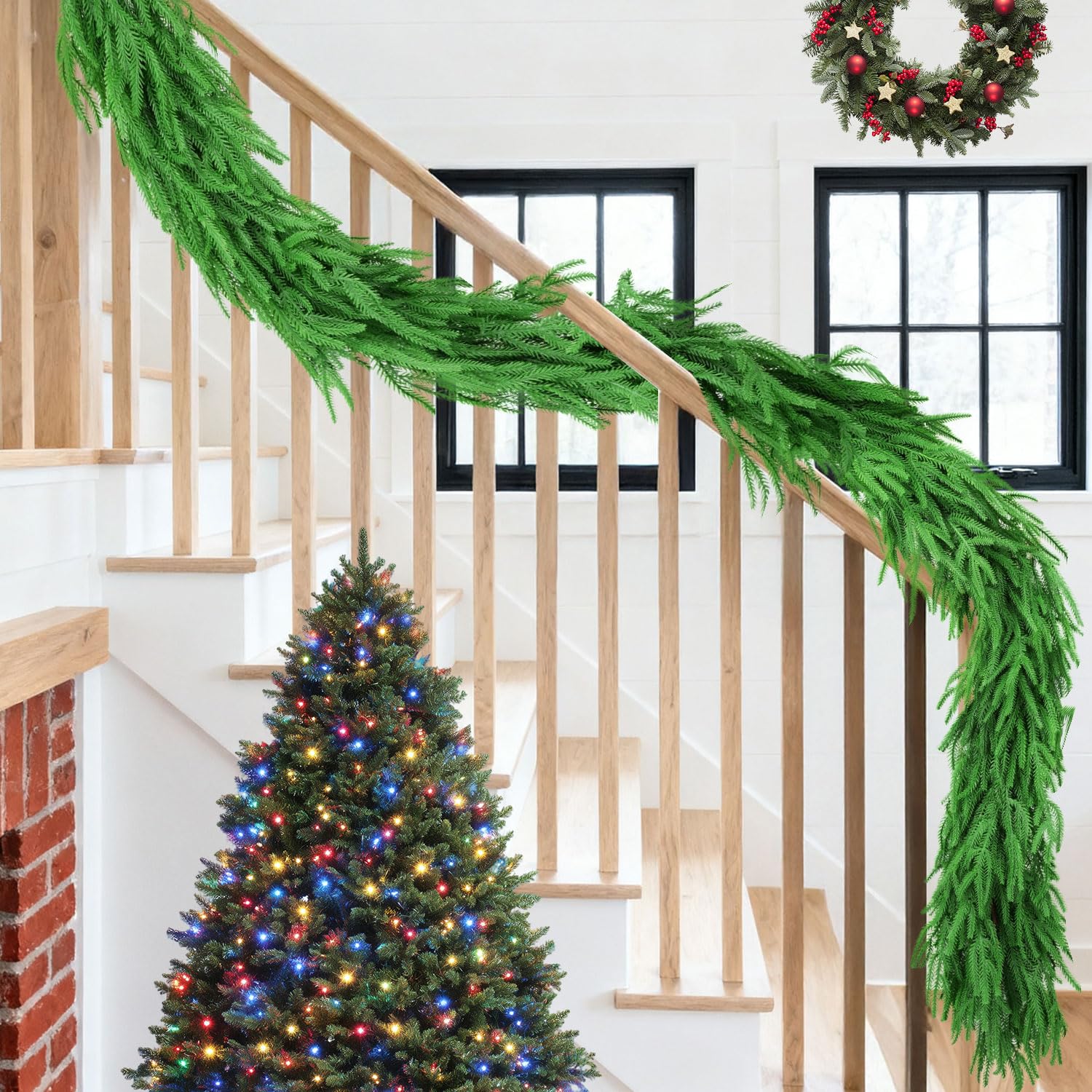 24 FT (4 * 6FT) Christmas Norfolk Pine Garland, Real Touch Dense Faux Greenery Garland for Mantle, Table, Wall, Indoor & Outdoor Christmas Decorations