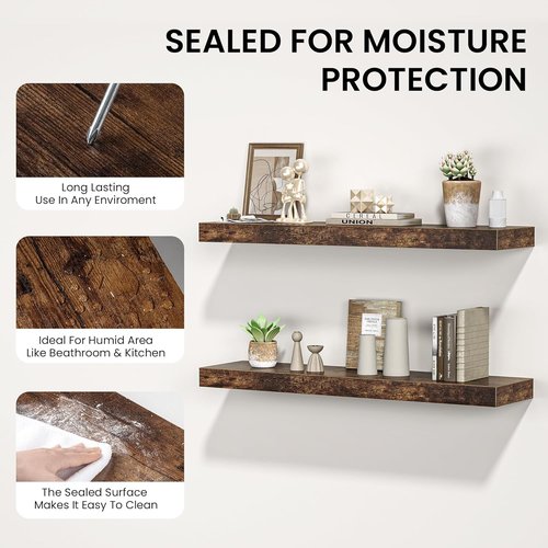 FLYJOE Floating Wall Shelf - Long Wooden Display Shelf with Invisible Brackets | 55"W x 9.3"D x 1.5"H, Rustic Brown