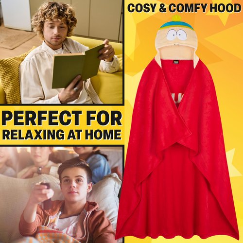 South Park Adult Blanket with Hood, 51x59 in, Fleece Wearable Blanket Loungewear, Warm, Cozy Gifts for Men (Red South Park)