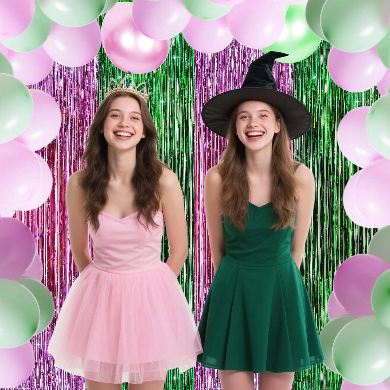 Skiennix Pink & Green Tinsel Curtain | Foil Fringe Backdrop for Birthday & Baby Shower Decor