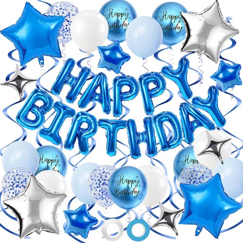 Blue Birthday Decorations - 3D Foil Happy Birthday Balloon Banner with Star & Confetti Balloons