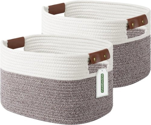 ECDYQXVU Cotton Rope Basket - Woven Storage Baskets with Handles | 15x10x9 Inch | White & Brown 2 Pack