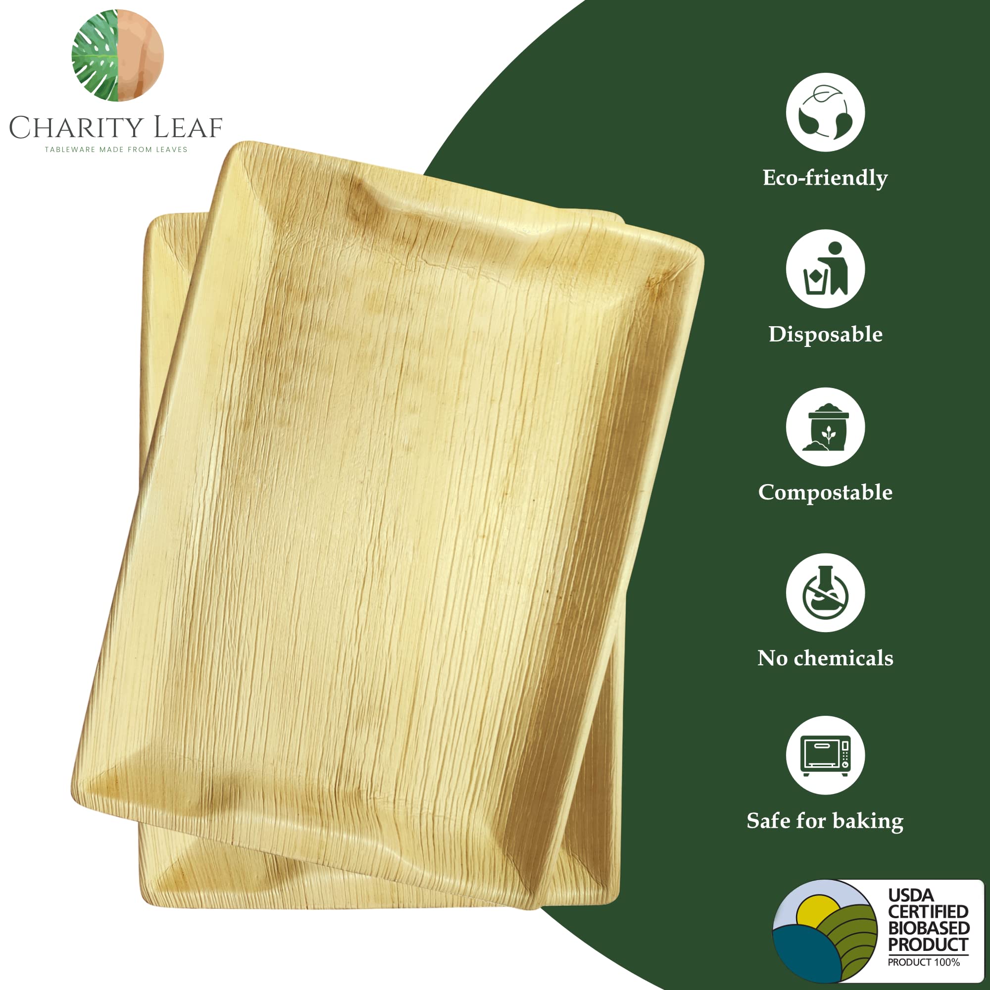 Charity Leaf Disposable Palm Leaf 14" x 10" Trays (25 Pieces) Bamboo Like Serving Platters, Disposable Boards, Eco-Friendly Dinnerware for Weddings, Catering, Events