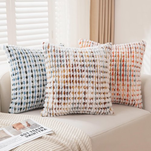 CATOLAT Boho Throw Pillow Covers Set of 2-18x18 Inch Farmhouse Tufted Pillow Covers Neutral Chenille Boho Throw Pillows, Accent Fluffy Pillow Cases for Couch Living Room Bed Sofa, Yellow and White