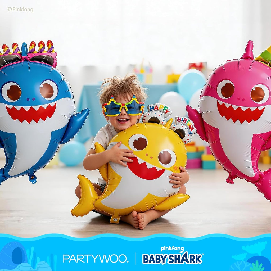 PartyWoo Baby Shark Family Foil Balloons - 5pcs Mylar Helium Birthday Decorations | 36-34-32 Inch Ocean Theme