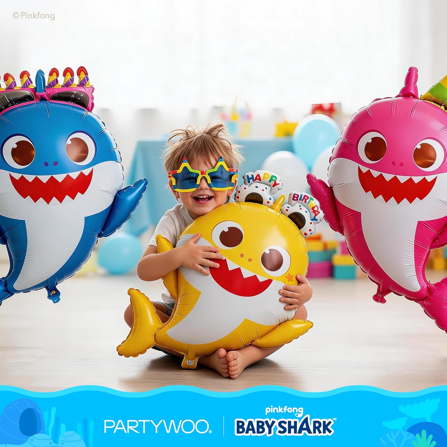 PartyWoo Baby Shark Family Foil Balloons - 5pcs Mylar Helium Birthday Decorations | 36-34-32 Inch Ocean Theme