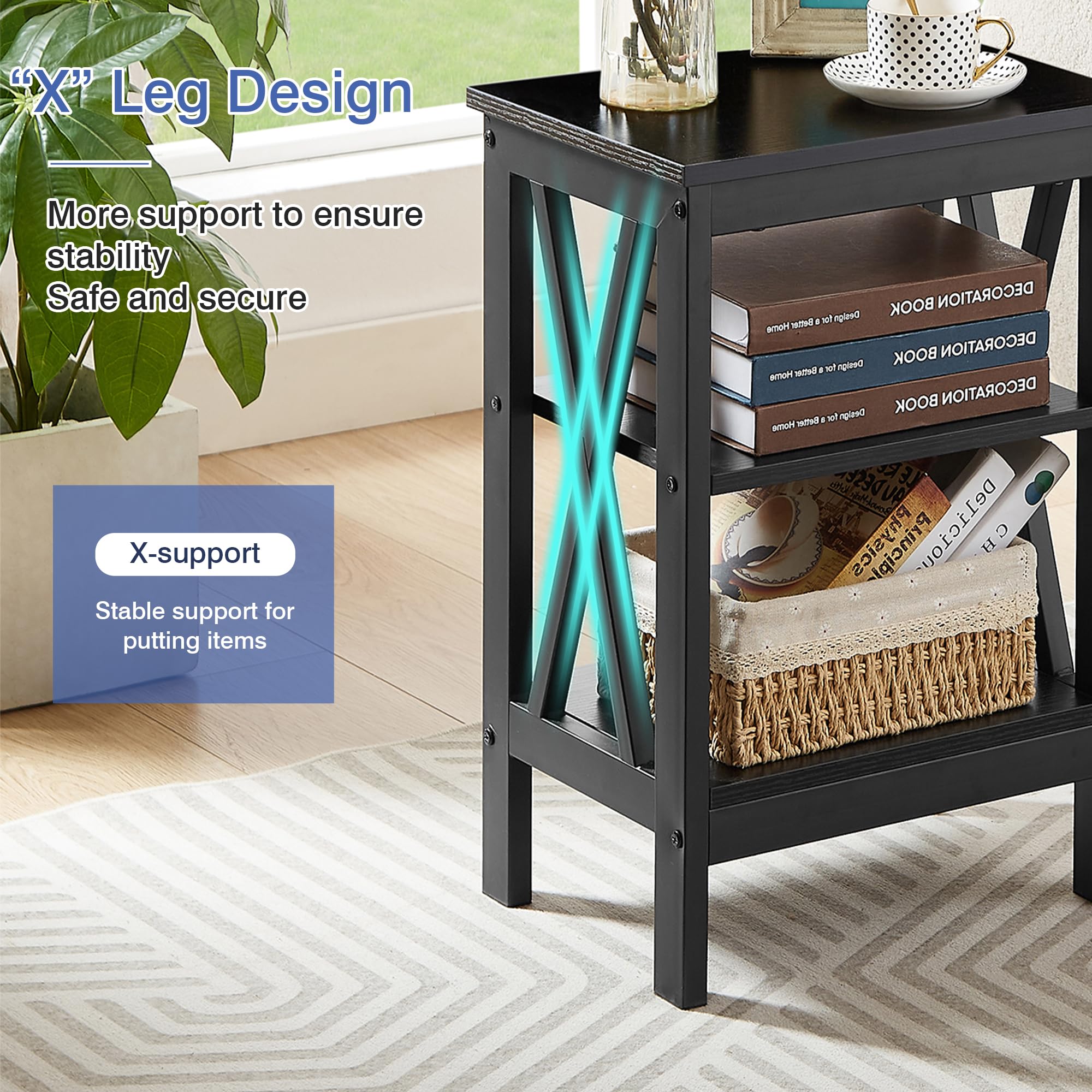 VECELO Modern Nightstands X-Design Side End Table Night Stand with Storage Shelf for Bedroom,Living Room,