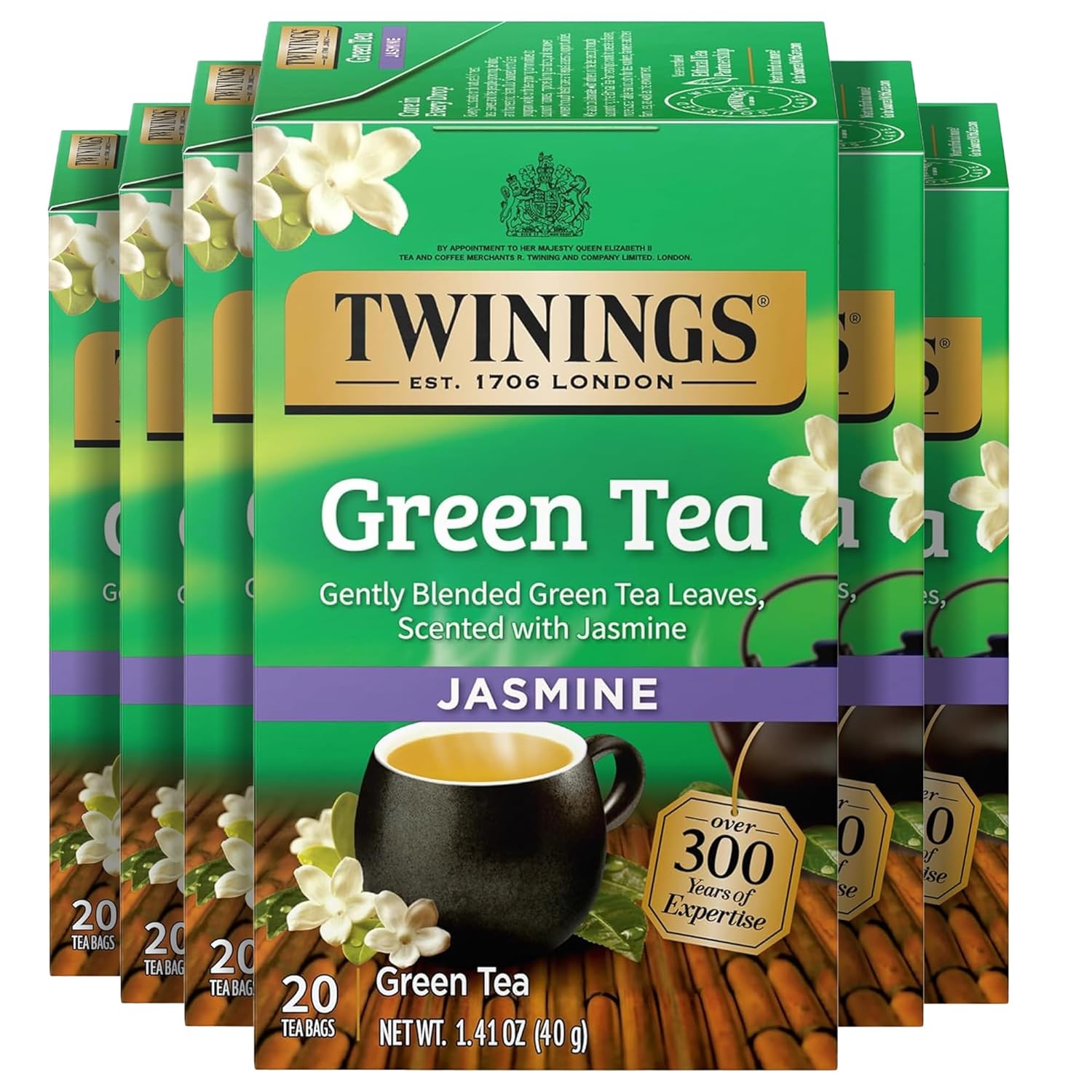 Twinings Green Tea - Jasmine Infused, Fragrant Floral Scent - 20 Individually Wrapped Bags (Pack of 6)