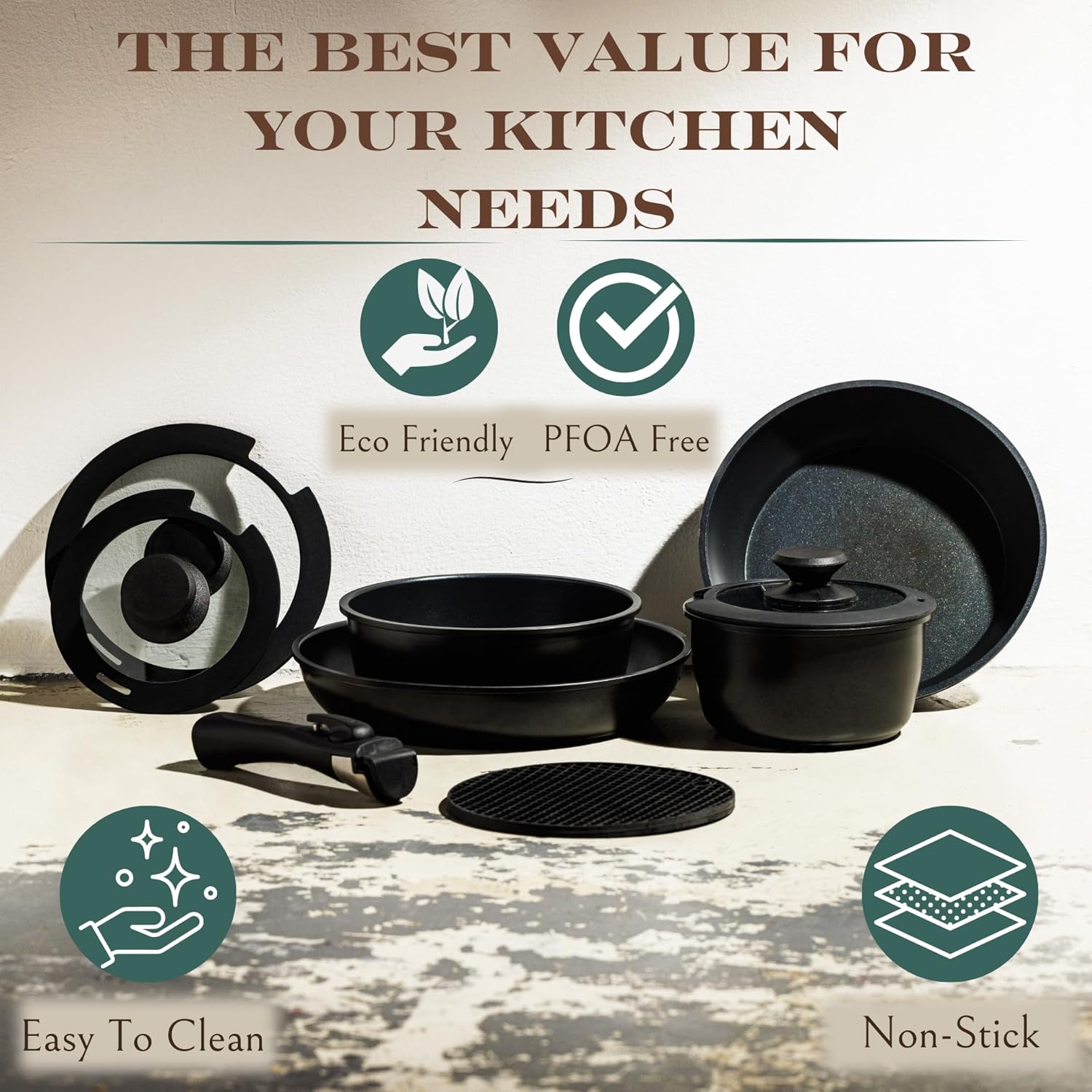 Moss & Stone Nonstick Cookware Set - 10-Piece Space-Saving Pots and Pans with Removable Handles | RV & Induction Ready