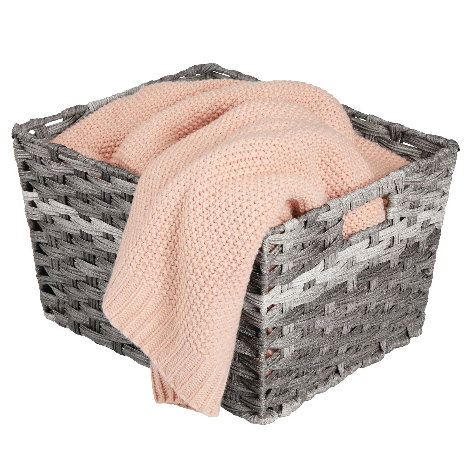 mDesign Wide Rectangular Woven Braided Rope Home Storage Baskets with Handles - for Organizing Closet, Bedroom, Bathroom, Living Room, Entryway, Office - 8.25" High, 2 Pack - Gray
