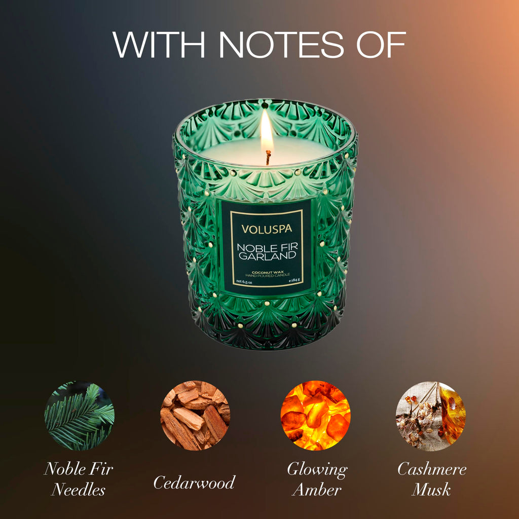 Voluspa Noble Fir Garland Boxed Candle, 6.5 oz, Coconut Wax Blend, Scented Candles for Home, 40 Hour Burn Time, Handcrafted in the USA