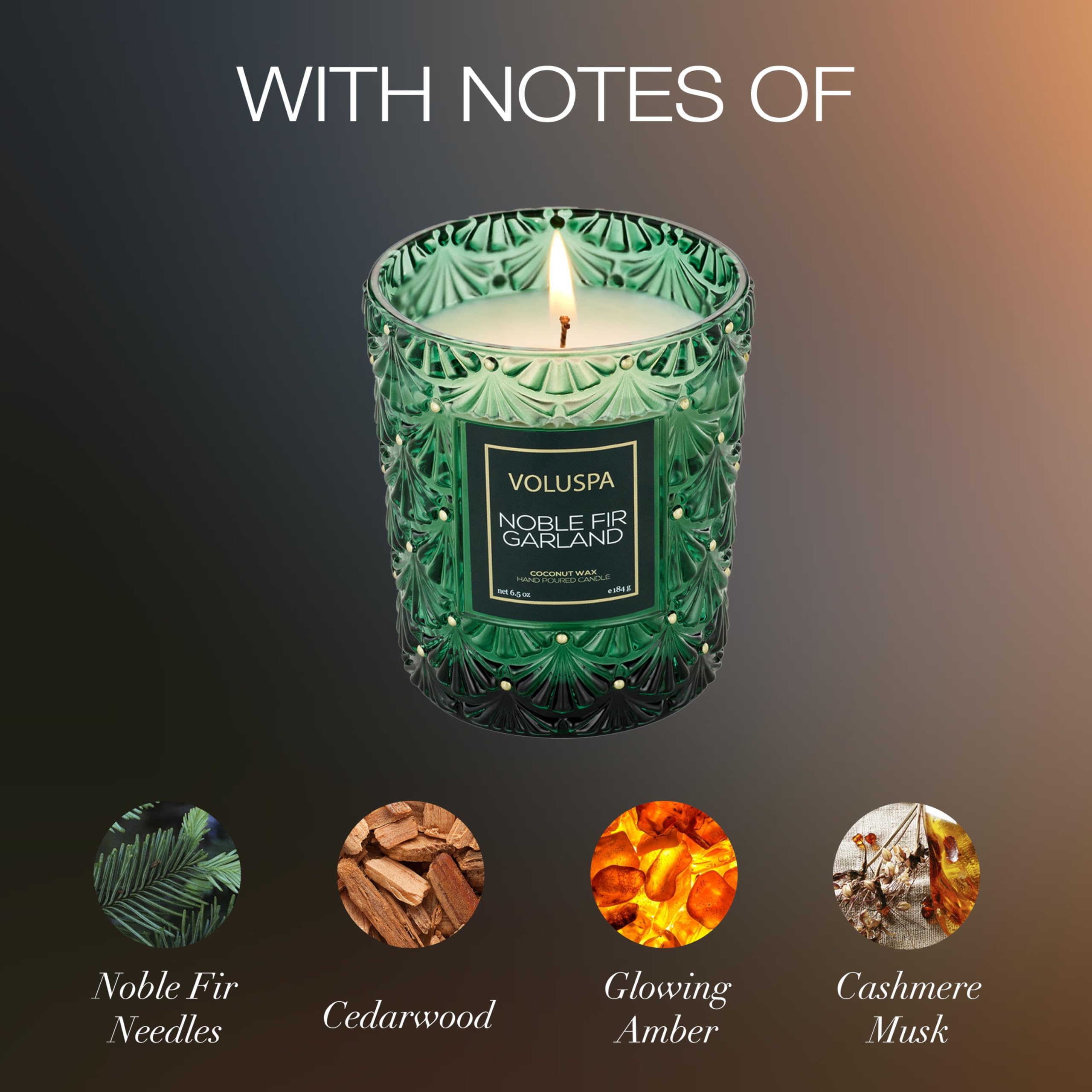 Voluspa Noble Fir Garland Boxed Candle, 6.5 oz, Coconut Wax Blend, Scented Candles for Home, 40 Hour Burn Time, Handcrafted in the USA