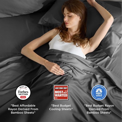 Bedsure Cooling Bed Sheets - Rayon from Bamboo, Breathable & Soft, Deep Pocket Up to 16 Inches, Grey