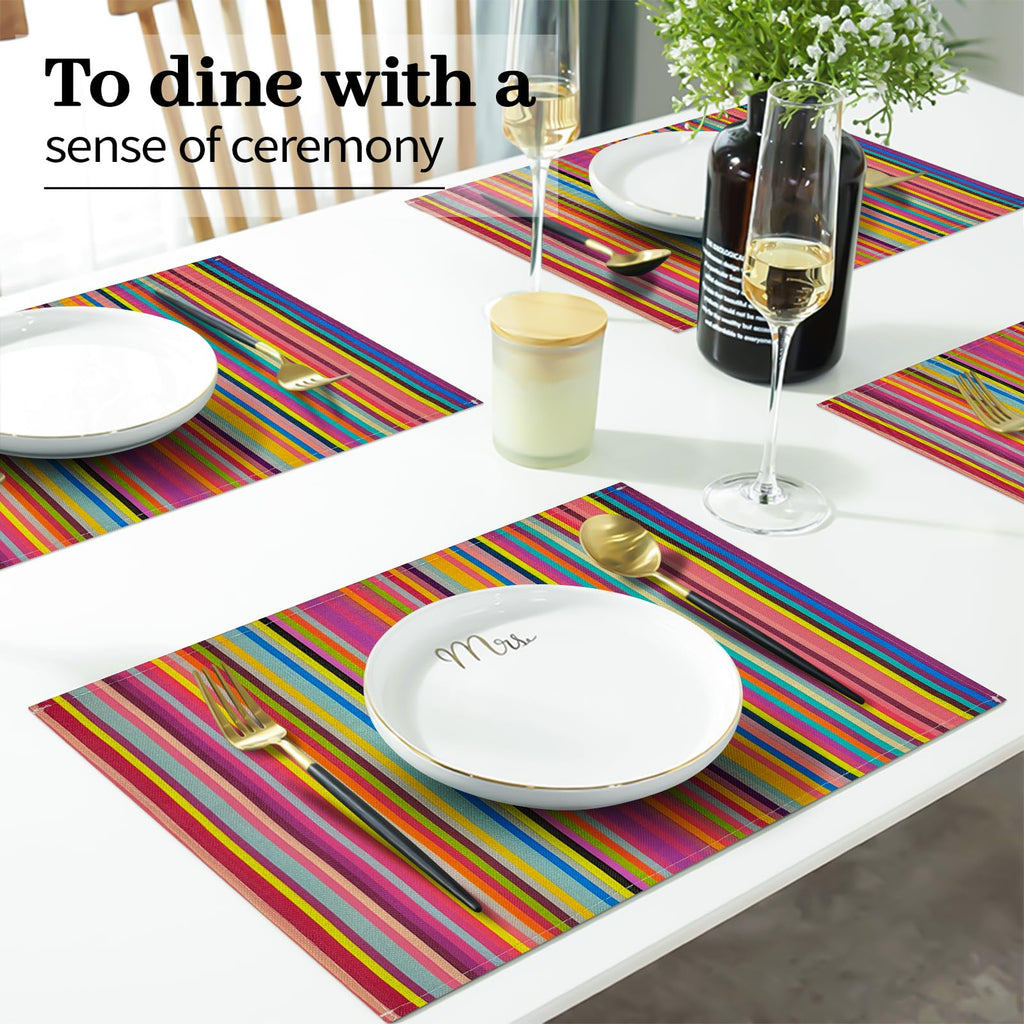Carethos Rainbow Placemats Set of 4, 12x18 Inch Heat-Resistant Washable Easy to Clean Place Mats, Faux Linen Cloth Table Mats Suitable for Indoor/Outdoor Parties & Kitchen Decor (Rainbow)