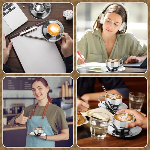 Acellegic 6 Pack Stainless Steel Coffee Cups Set, 6oz Insulated Espresso Cups with Spoon and Saucer, Double Walled Coffee Mugs for Latte, Tea, Milk, Cappuccino