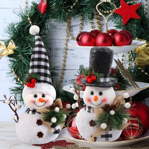Black and White Plaid Snowman Decor (2-Piece Set) - Winter Christmas Plush Dolls for Tiered Tray, Mantel, or Tabletop Display, Indoor Home Decor