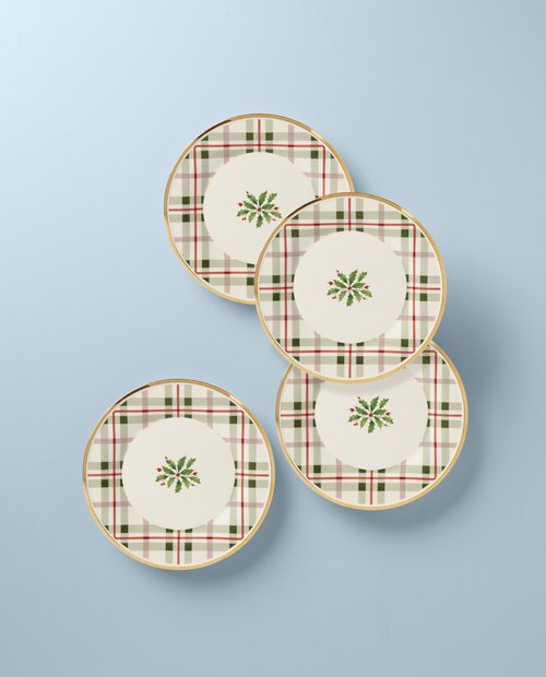 Lenox 894964 Holiday Plaid Accent Plates, Set of 4, Red & Green, Christmas Dinnerware, Hosting