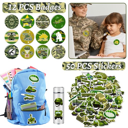 122 PCS Army Party Favors, Military Camo Temporary Tattoos Slap Bracelets Keychains Stickers Badges Goodie Bags Soldiers Figures for Army Birthday Party Decorations Gifts for Kids Classroom Rewards