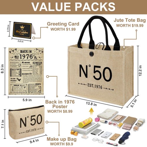 YeohJoy 50th Birthday Gifts for Women Jute Tote Bag, Vintage N°50 Burlap Handbag with Cosmetic Bag and Back in 1976 Poster, Unique 50 Years Old Gifts for Mom Friends Wife Sister Her