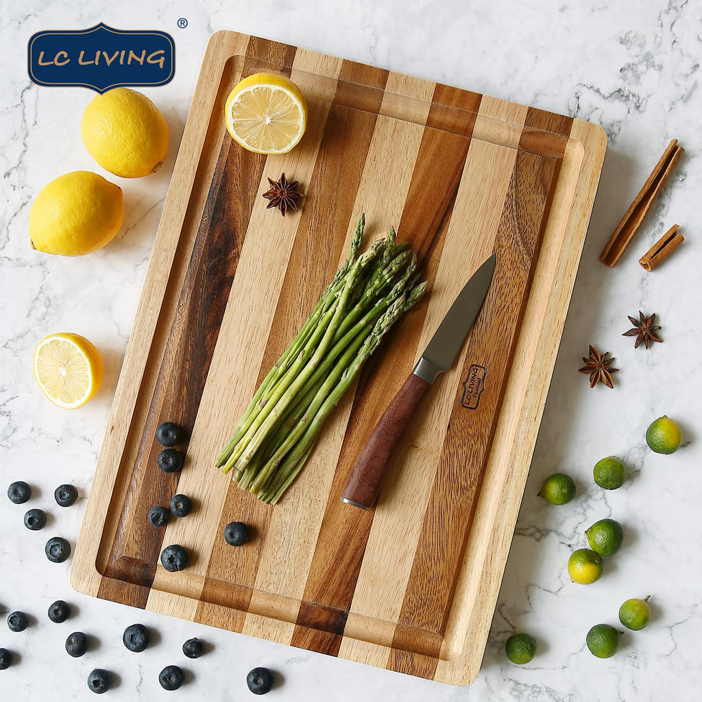 Thai End Grain Acacia Wood Striped Rectangular Butcher Board with Groove, best for chopping serving butcher board, prep station, kitchen deco, cheese, meat, bread, veggies & fruits, 19"x14"